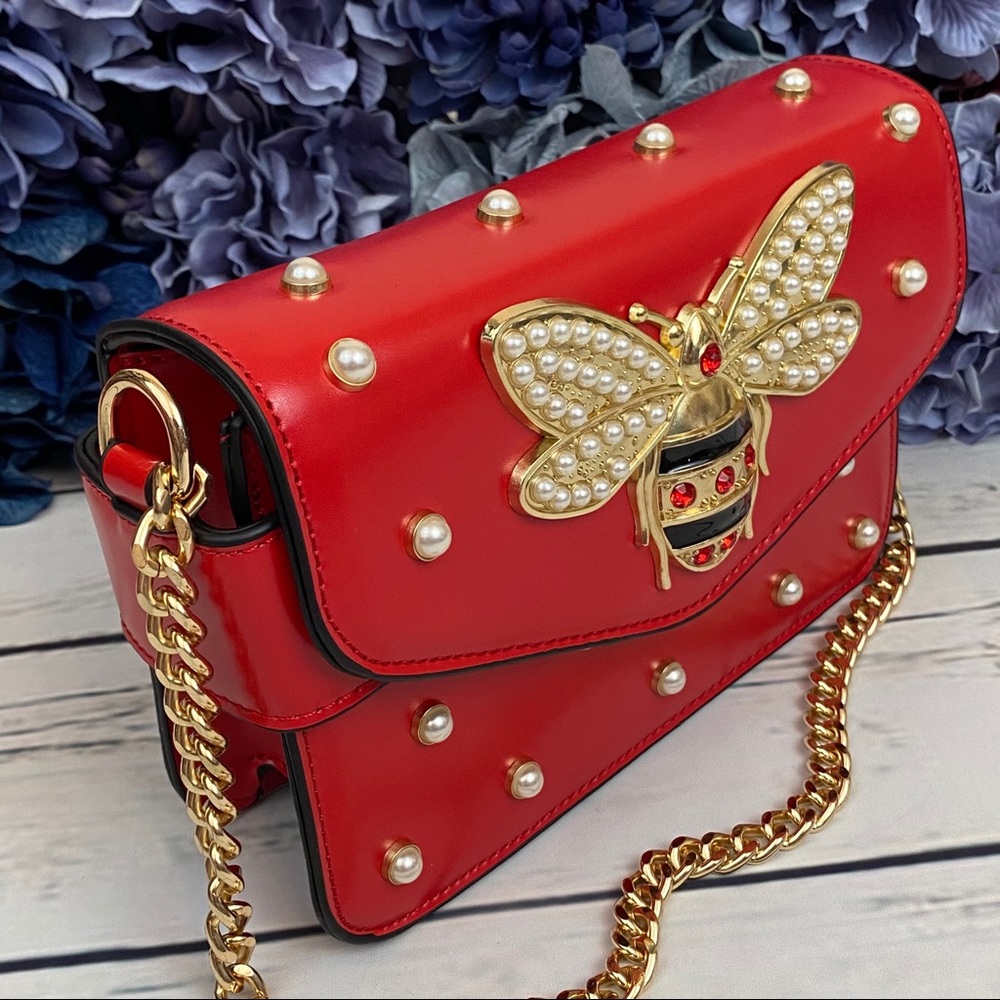 Beautiful Red Pearl Studded Bee Crossbody Purse - Picture 8 of 16